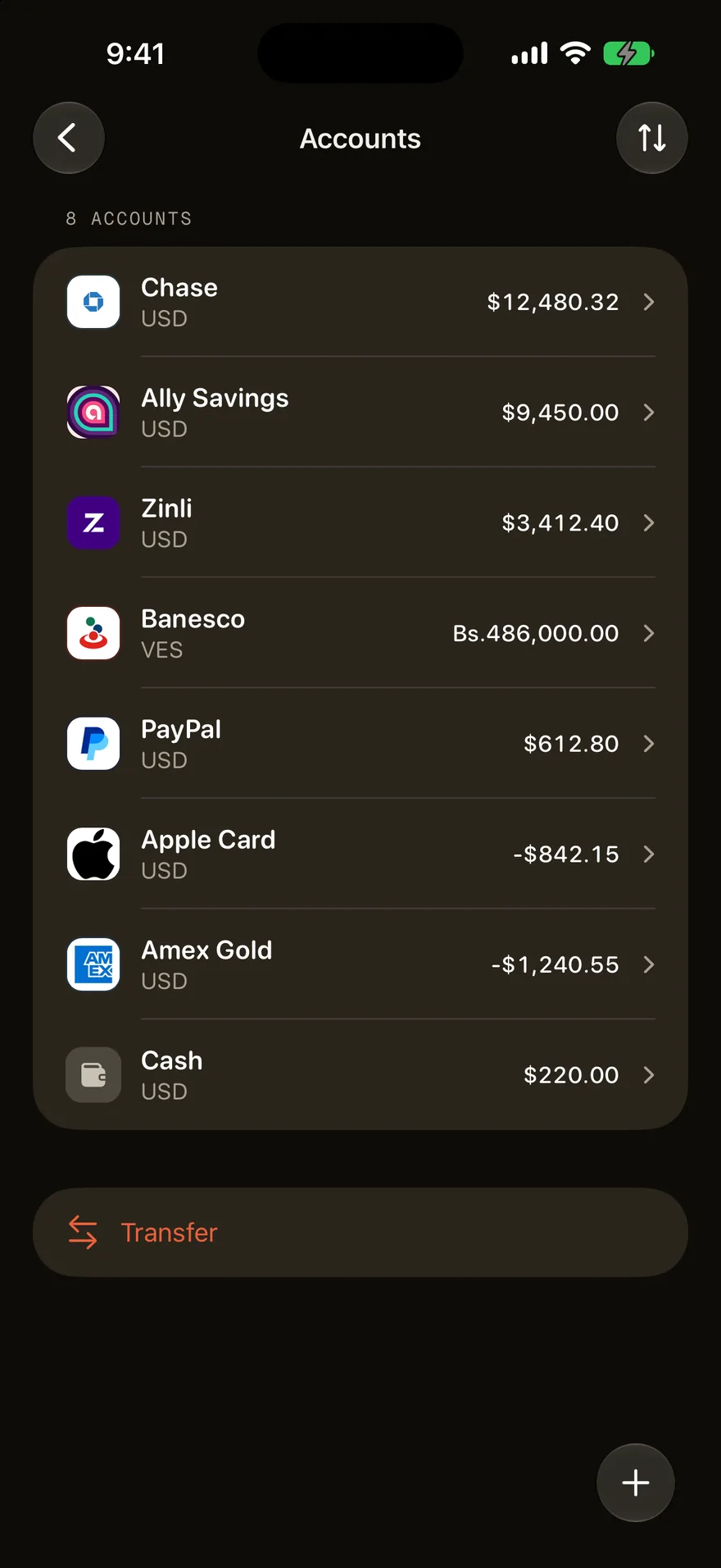 Outlayr Accounts screen listing eight accounts, including Banesco in bolívares and an Apple Card with a negative balance, above a Transfer button.