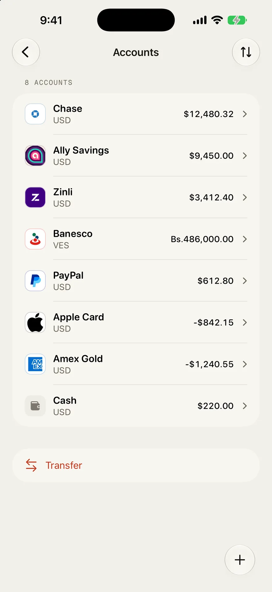 Outlayr Accounts screen listing eight accounts, including Banesco in bolívares and an Apple Card with a negative balance, above a Transfer button.