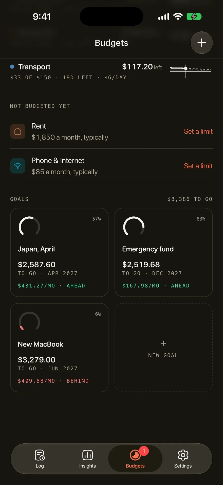 Outlayr savings goals: Japan in April and an emergency fund marked ahead, a new MacBook marked behind, and $8,786 to go in total.