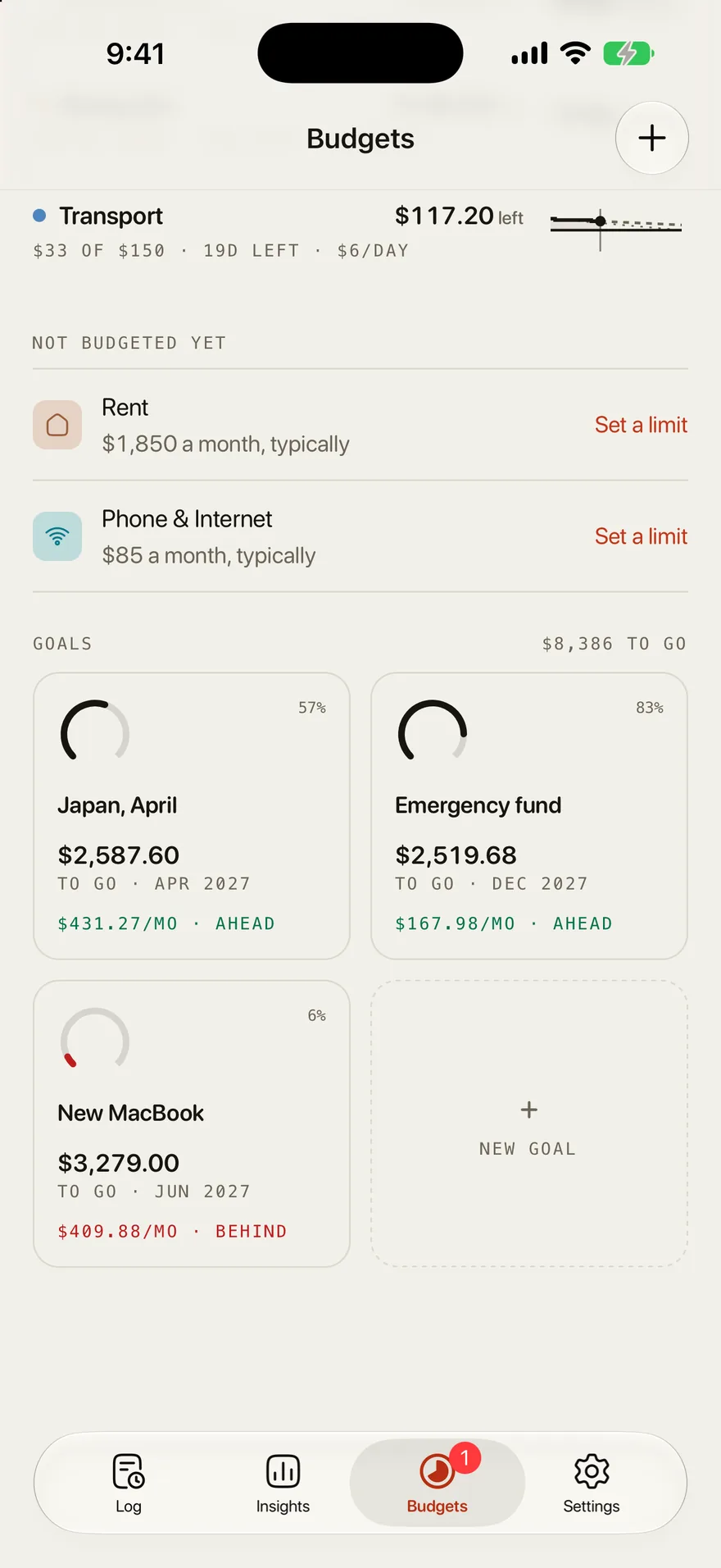 Outlayr savings goals: Japan in April and an emergency fund marked ahead, a new MacBook marked behind, and $8,786 to go in total.